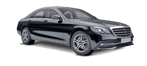 Black luxury sedan car with chrome details, front and side view.