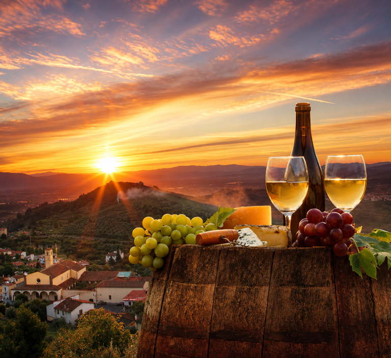 Sunset over hills with wine, cheese, and grapes on a barrel.