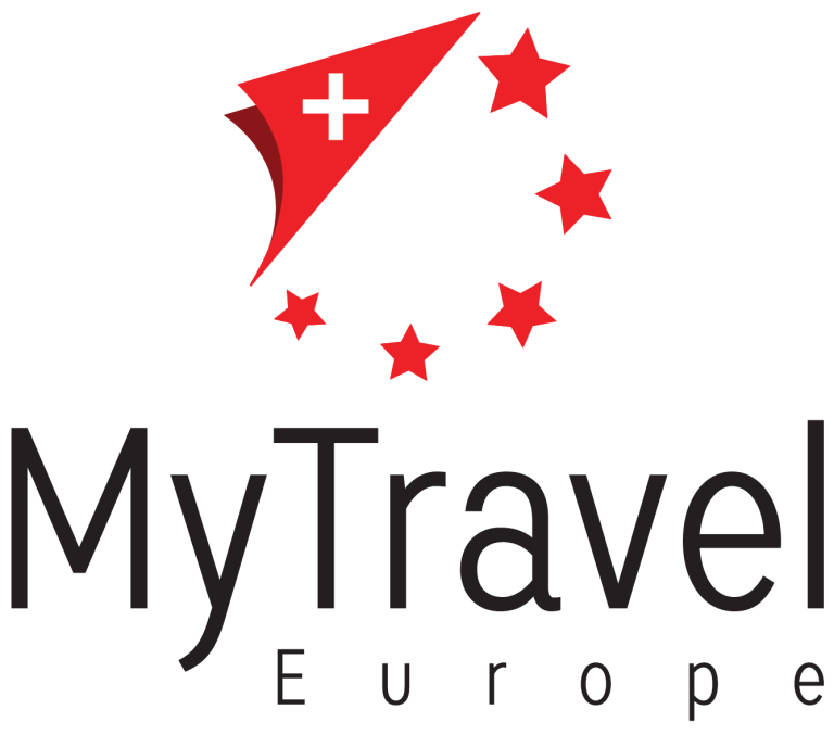 Logo with red flag icon and stars, text: MyTravel Europe