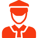 Red icon of a person wearing a peaked cap and tie.