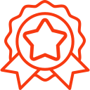 Red outline of a star within a ribbon badge icon.