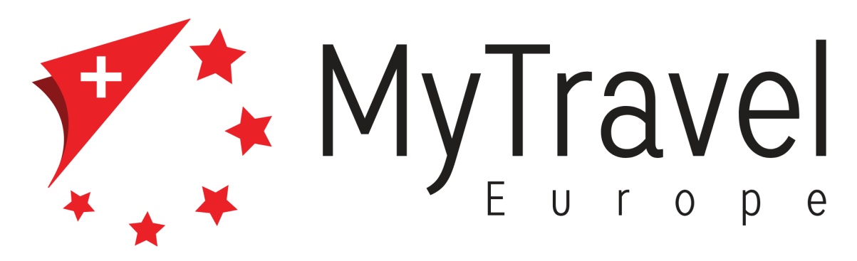 Logo with red paper plane and stars, text 'MyTravel Europe'.