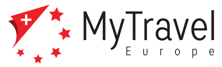 Logo with red paper plane and stars, text 'MyTravel Europe'.